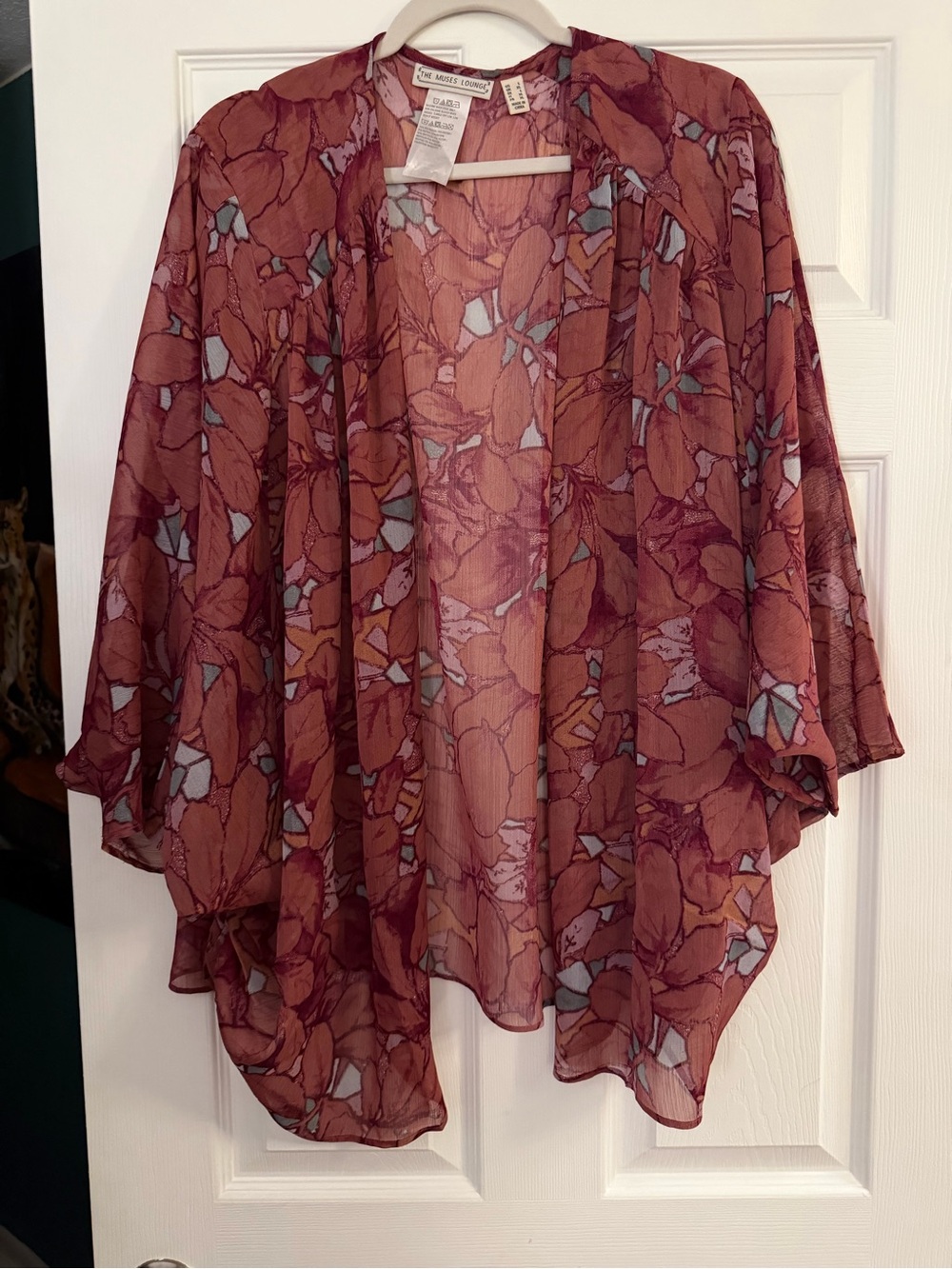 The Muses Lounge Sheer Floral Kimono - Dusty Rose & Muted Blue
